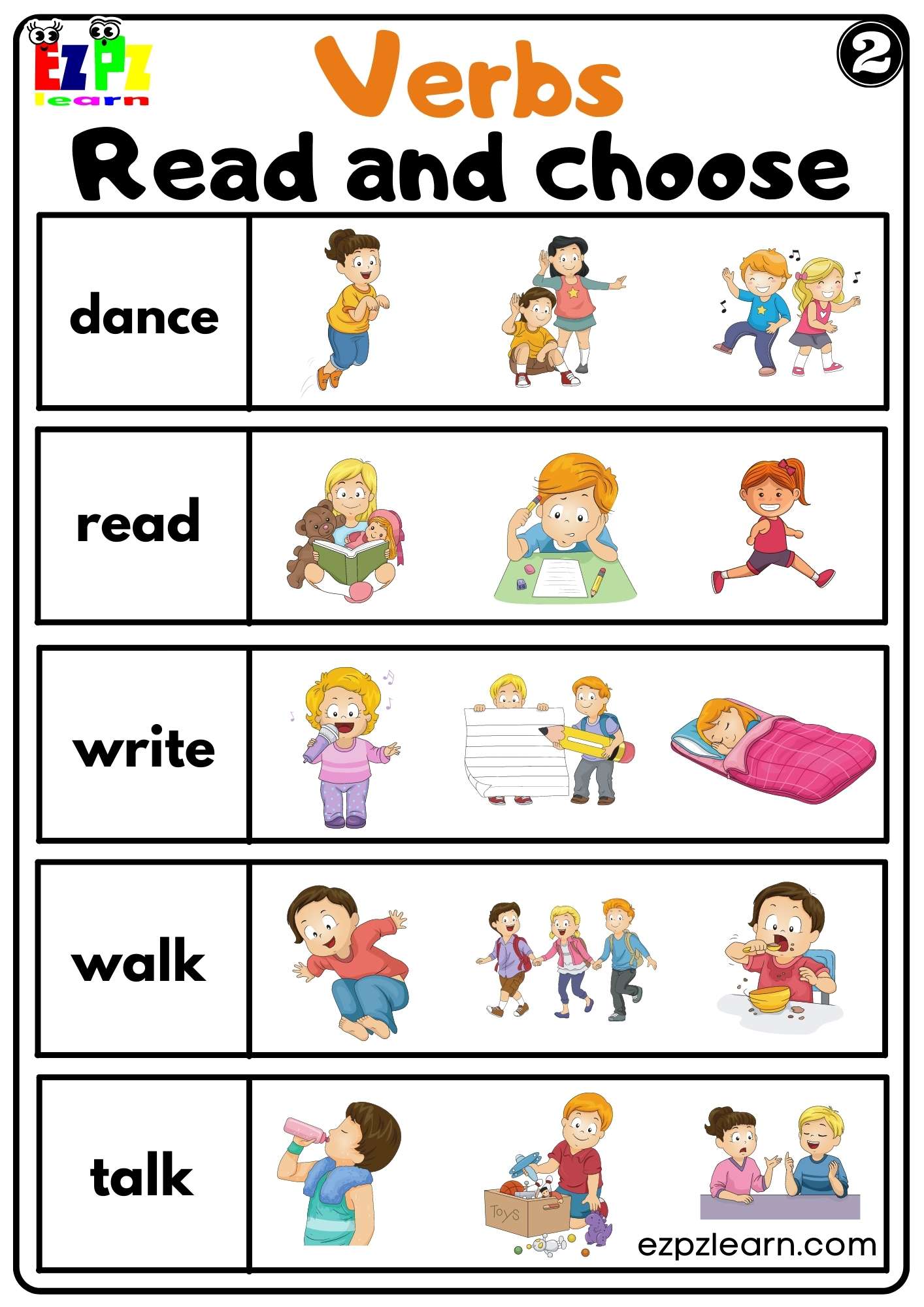 Verbs Read and Choose Worksheet for Home Schooling K5 and ESL PDF Download Set 2